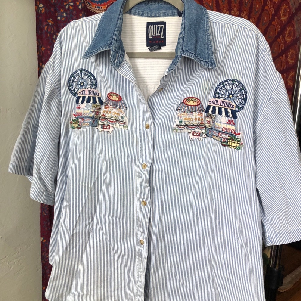 Vintage Button Down with Embroidered Carnival Scenes